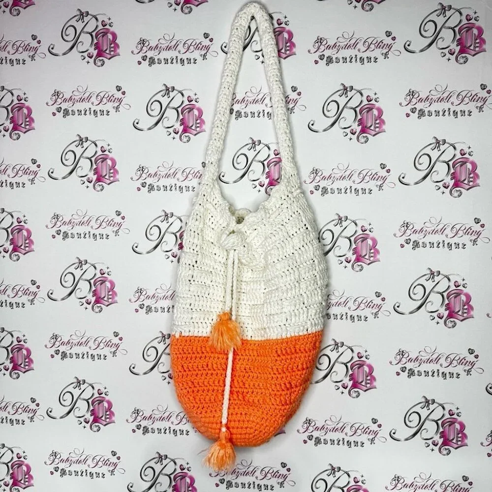Tote handmade puff tassle Pom Pom Orange and White Crochet Shoulder Bag